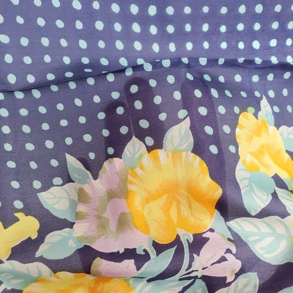 Vintage Silk Scarf Square Blue Yellow Floral Polka Dot 29"  Hand Rolled - Picture 9 of 10